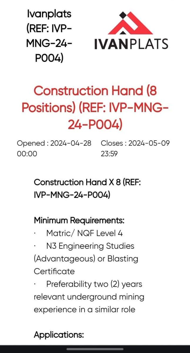 Ivanplats Mokopane is hiring! 

Electrical Assistant x6
LHD Operator x20
Drill Rig Assistant x20
Construction Hand x8
Construction Assistant 36
Fitter Assistant x6
Boilermaker Assistant Underground
Agi Truck Operator x10 

Applications:
On-line applications to be forwarded to…