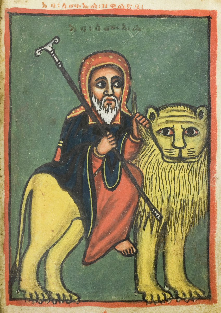 I strongly suspect that Ethiopia and Eritrea have more lion-riding saints than any other Christian culture 🦁 This is St Sāmuʾel of Wāldǝbbā (አባ፡ ሳሙኤል፡ ዘዋልድባ፡), who lived in the 14th–15th c. #samuelofwaldebba #africansaint #lion #lionrider #africanart