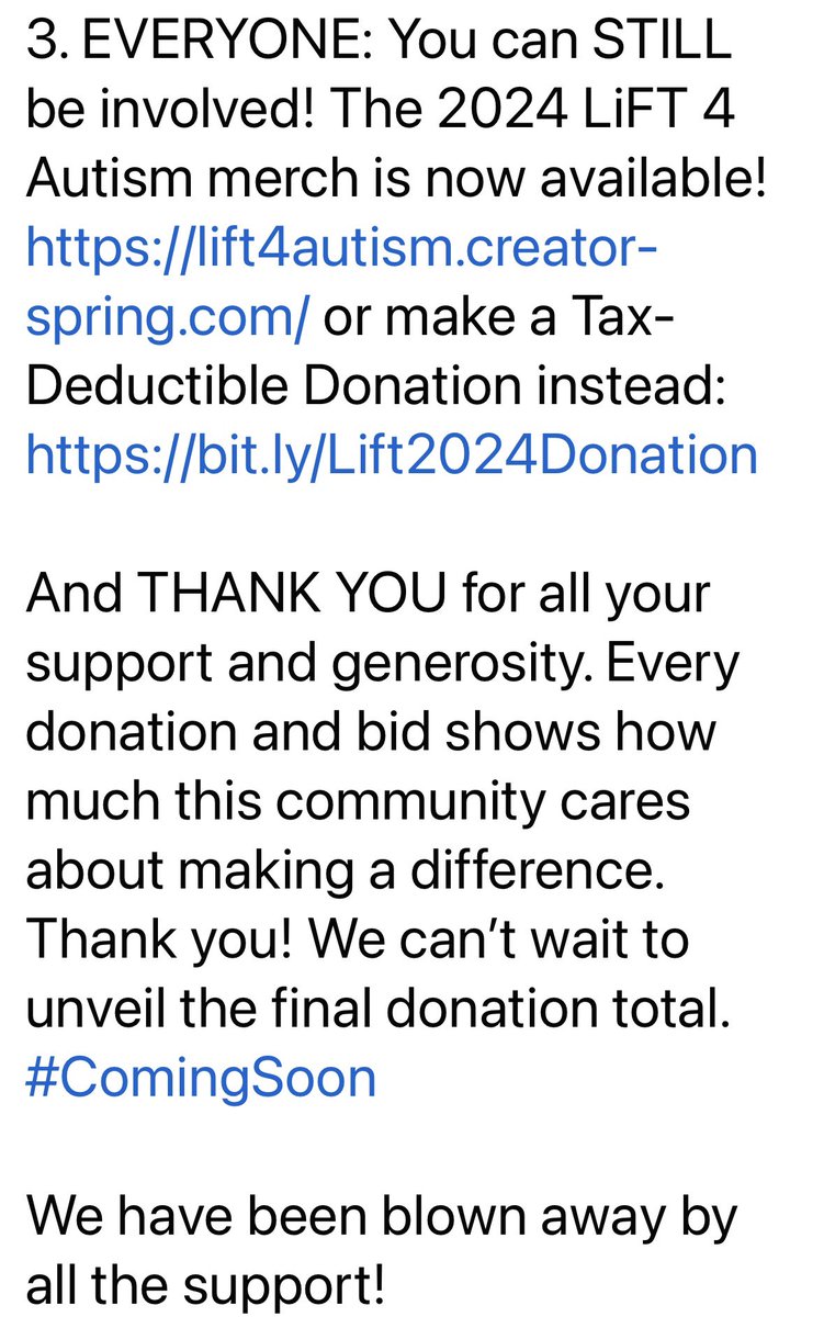 Next steps for autism auction winners, donors & anyone who still wants to be involved through: 🎈LiFT 4 Autism merch: lift4autism.creator-spring.com 🎈Tax-Deductible Donation (no amount is too small): bit.ly/Lift2024Donati… All funds benefit @kulturec 🫶🏽