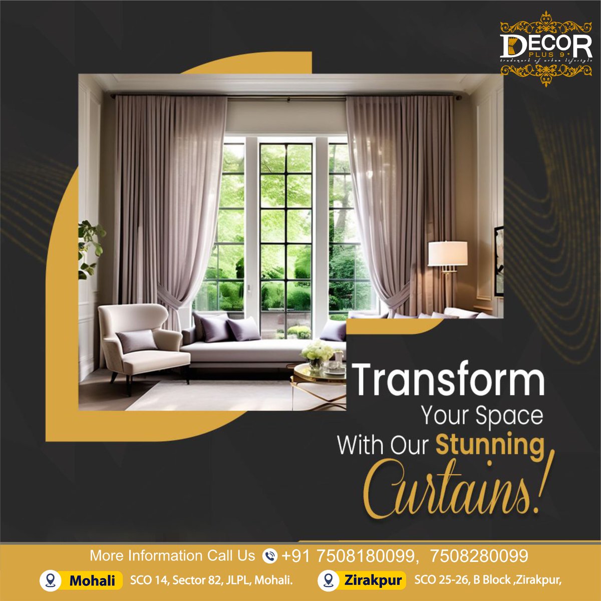 Revamp your space effortlessly with Decor Plus99's exquisite curtains! Transform any room into a haven of elegance. Call us now at +91 7508180099, 7508280099 to adorn your windows with sophistication. #DecorPlus99 #HomeDecor #LuxuryLiving #InteriorDesign #Curtains