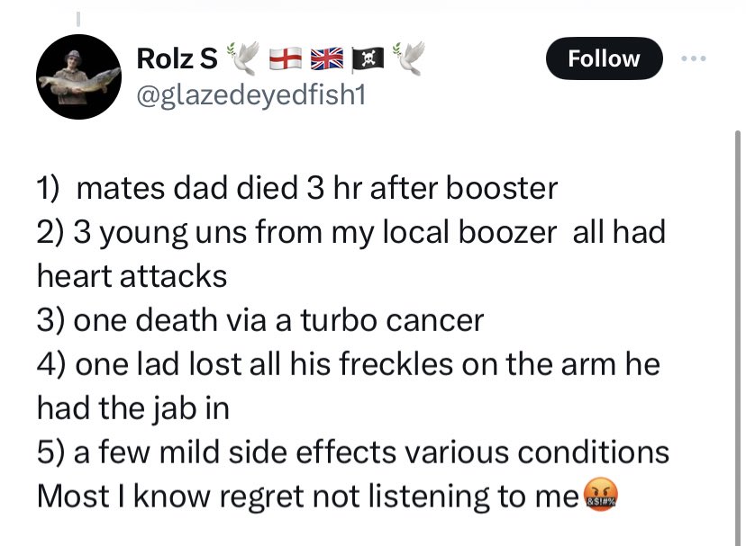 “3 young uns from my local boozer had heart attacks and one had lost all his freckles in the arm he had the jab in” Points for imagination but bullshit nonetheless.