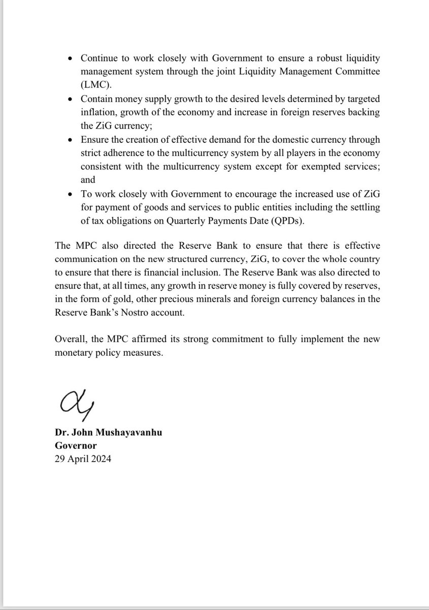 RBZ MONETARY POLICY COMMITTEE RESOLUTIONS- 26.04.24