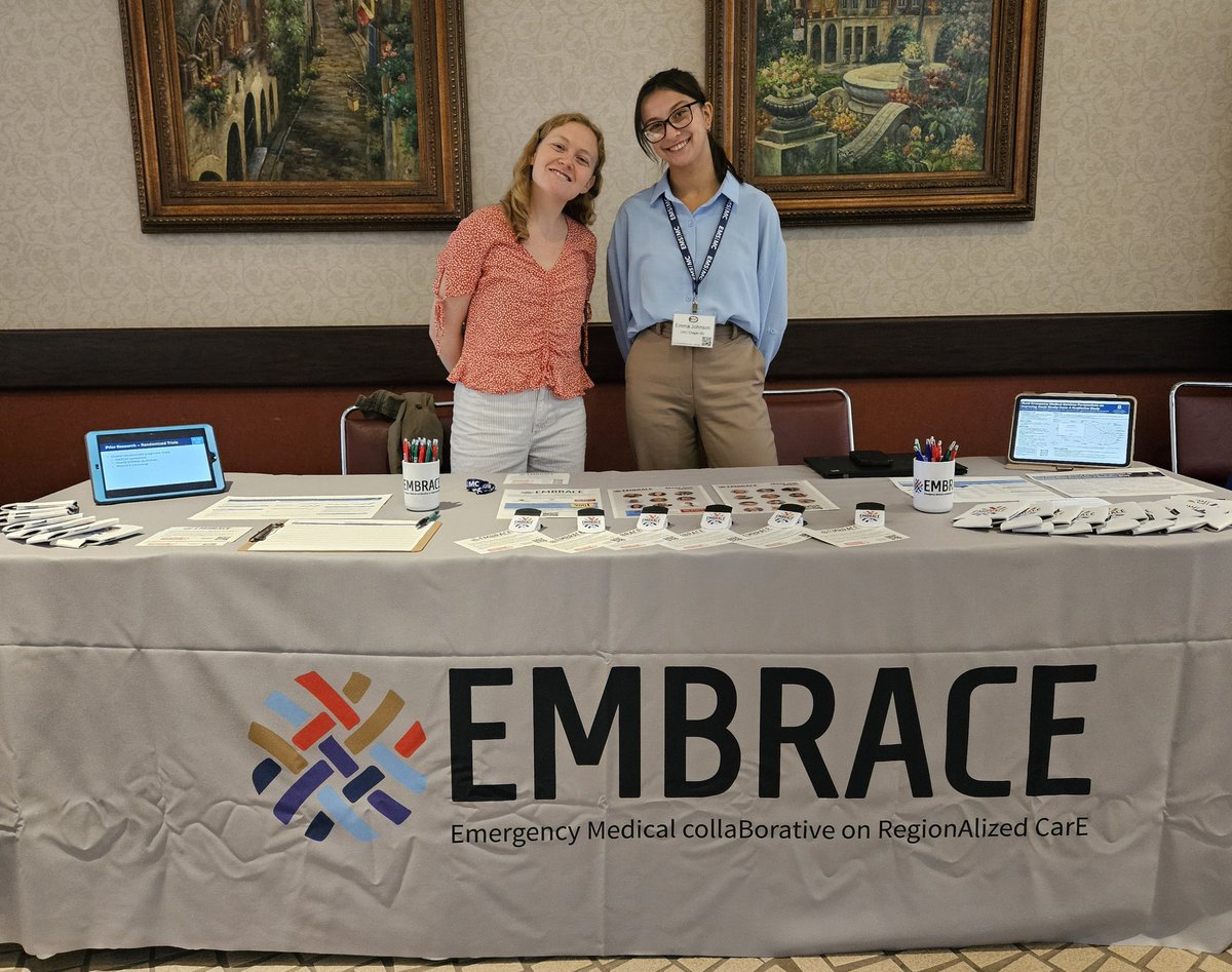 2024 NC EMS Expo, come say hi to @UNCEM's Lindsay Stewart and Emma Johnson to learn about our research on regionalization of emergency medical care for stroke and trauma aka EMBRACE tarheels.live/embrace/!