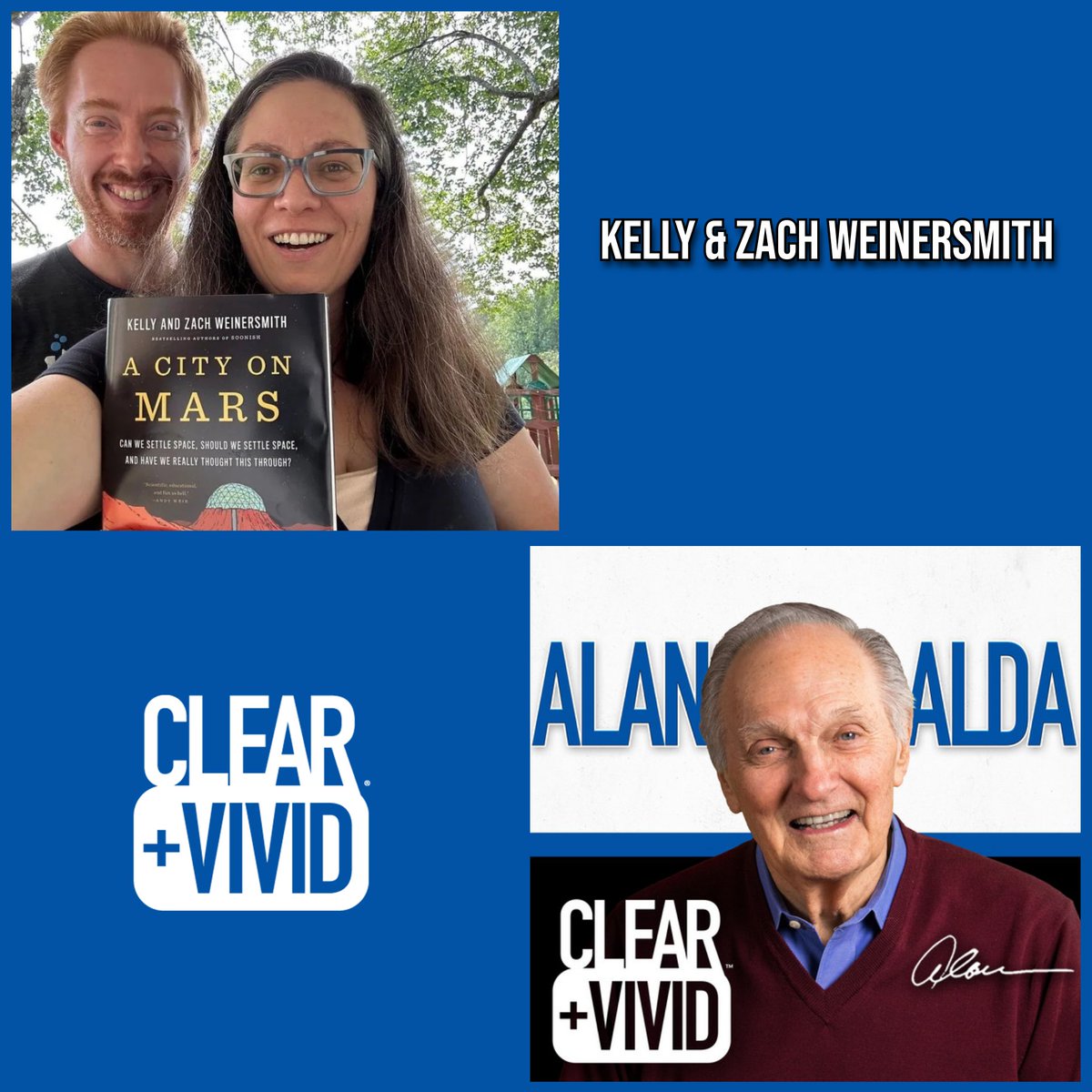 Tomorrow is PODCAST DAY! @AlanAlda chats with @FuSchmu & @ZachWeiner. An unlikely husband and wife duo has spent years digging deeply into plans to colonize space. 👉bit.ly/3tR21Gs After production costs, all proceeds of Clear+Vivid go to The @AldaCenter.