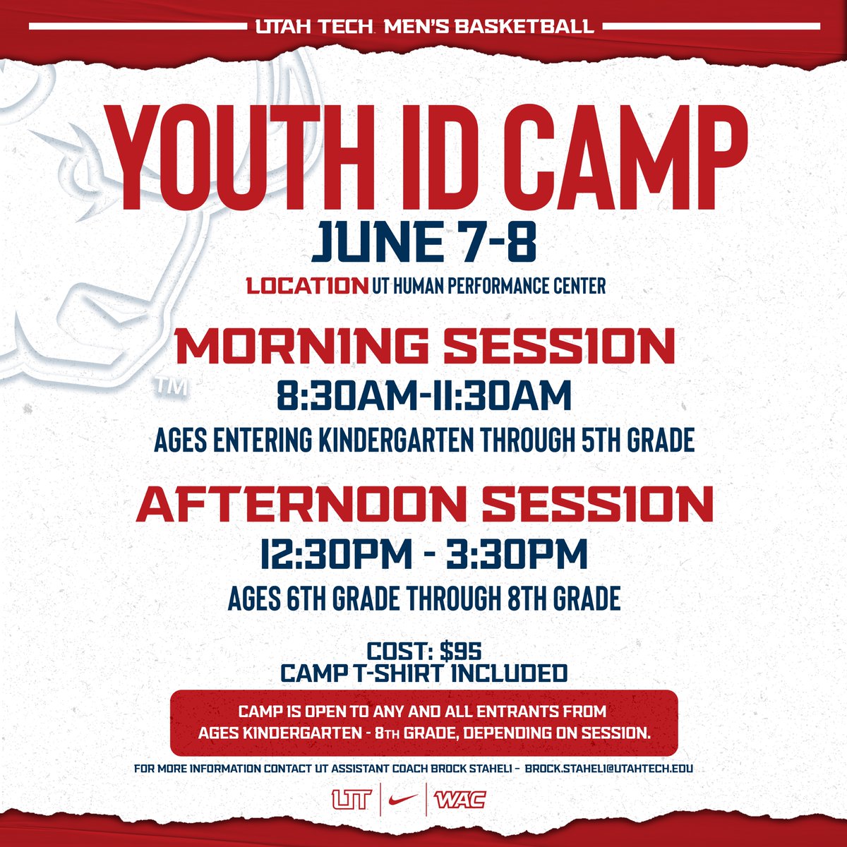 Check out our Youth ID Camps coming soon‼️

Session 1 Registration: shorturl.at/bcfC9
Session 2 Registration: shorturl.at/oGPZ3

#UtahTechBlazers | #WACmbb