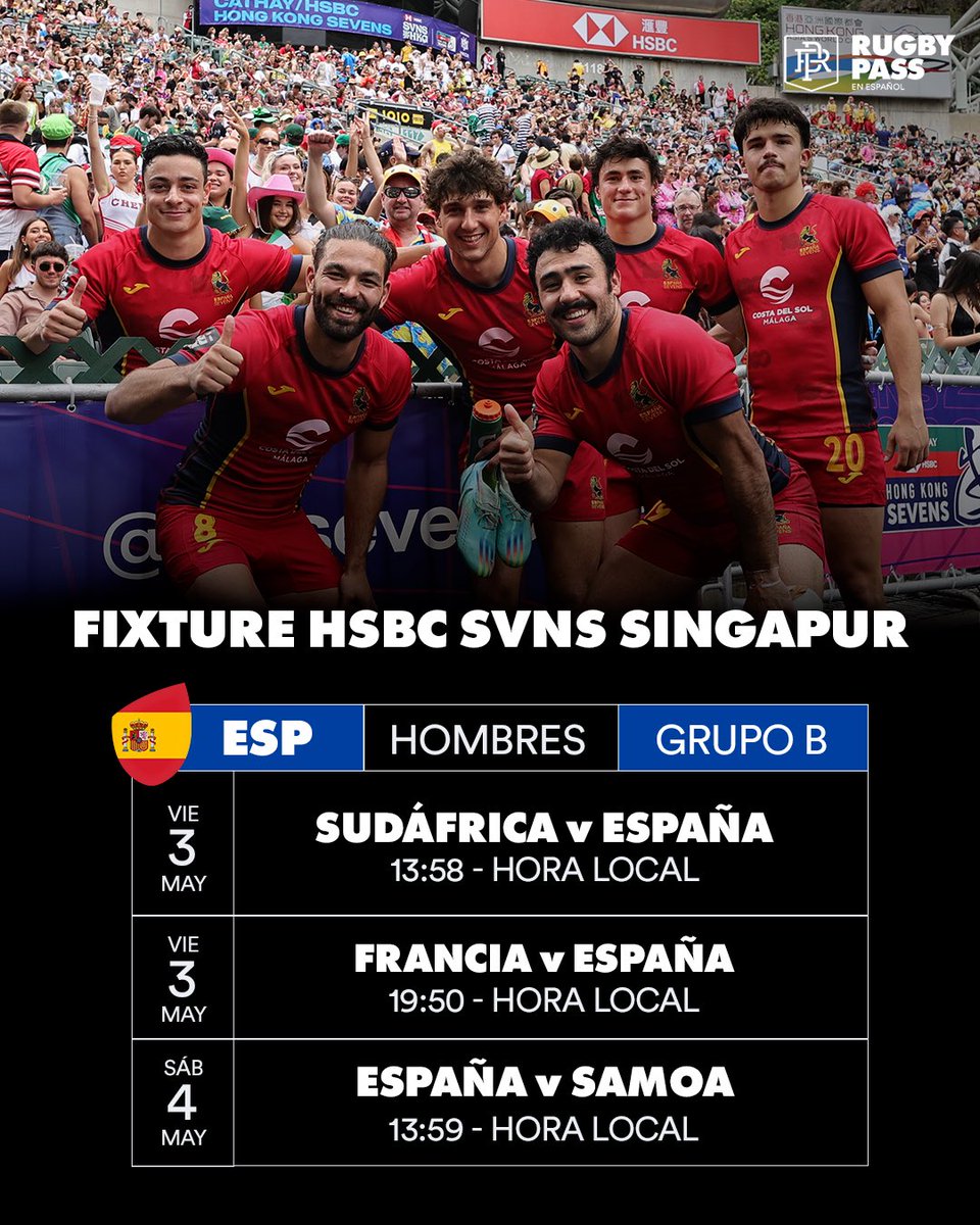 Horario de 🇪🇸 para Los Leones 7s en el Seven de Singapur: 3/5 a las 7:58 AM vs. Sudáfrica 3/5 a las 1:50 PM vs. Francia 4/5 a las 7:59 AM vs. Samoa #HSBCSVNS #HSBCSVNSSGP @ferugby