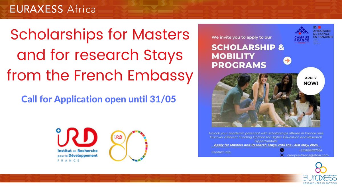 🎓 Scholarship Opportunities Alert! 🌟

Looking to pursue your Master's degree or embark on a research stay?

The #French #Embassy 🇫🇷 in Tanzania 🇹🇿 has opened its #CallforApplications until May 31st 🗓️

➦For more details and to apply 👇👇
euraxess.ec.europa.eu/worldwide/afri…

#EUAfrica