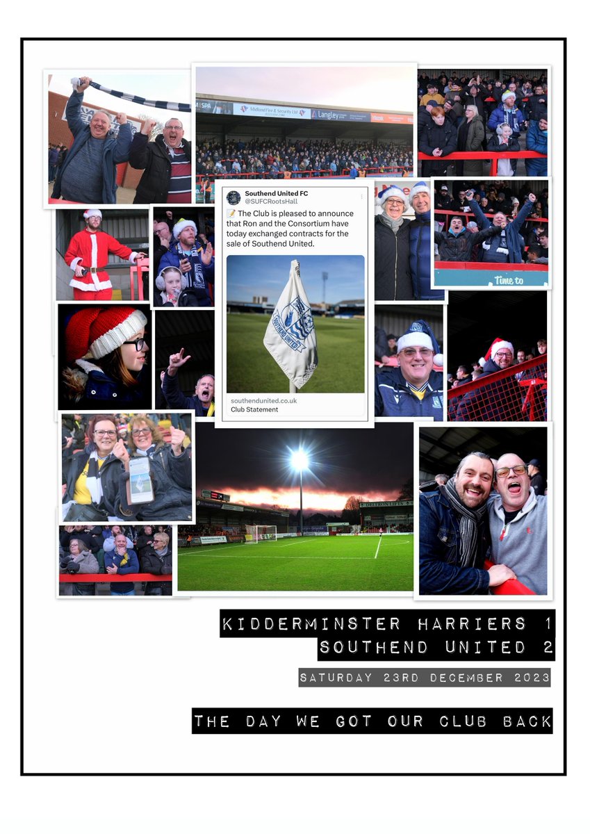 A season no Southend supporter will ever forget. Will review my take on events over the next week ... Saturday 23rd December 2023. Kidderminster Harriers 1 Southend United 2 Where were you when you heard the news! #UTB