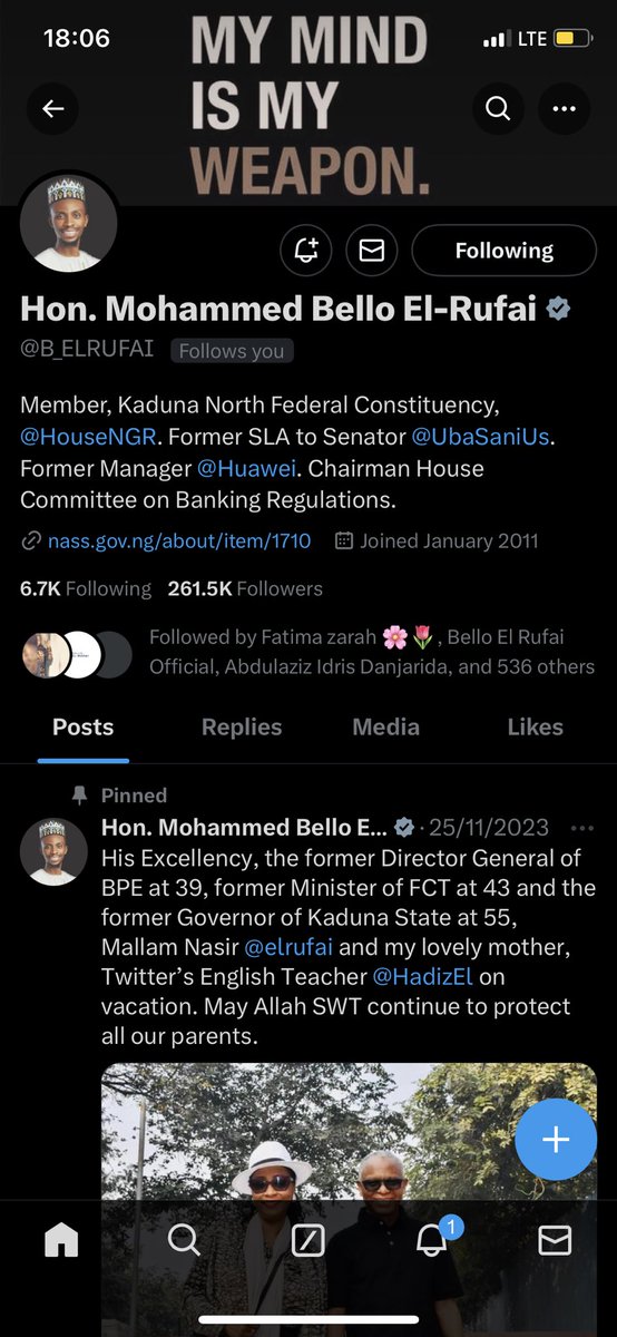 Thank you so much Hon. Muhammed Bello El-Rufa’i @B_ELRUFAI for following me back 🙏🏻 Sir,you’re really doing good in Kaduna North. May Almighty Allah continue to protect and guide you through all your endeavors. Sai kayi governor Kaduna In Sha Allah 🙏🏻