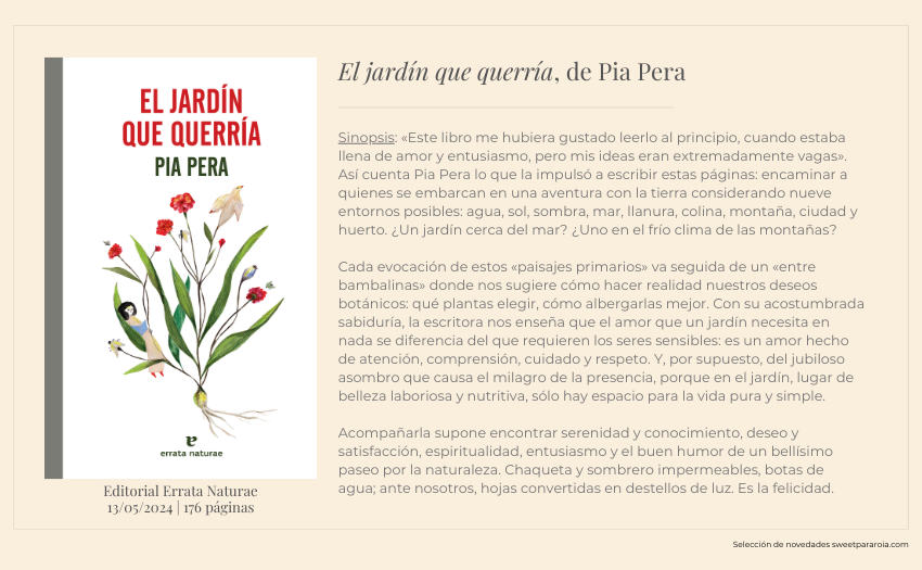 @SalamandraEd @SoyNuriaPerez Tremendamente feliz con que @Erratanaturae nos regale un trocito más de #PiaPera. Ha sido una grata sorpresa: 📚 El jardín que querría de Pía Pera 🔗 Haz clic para saber más: sweetparanoia.com/boletin-noveda…