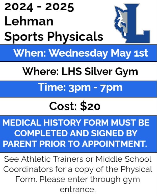 Lehman HS Athletics will have on campus physicals THIS WEEK! Wednesday May 1st 3-7pm! Come and get your physical done for the 24/25 school year! Open to any Hays CISD Athlete! $20 cash, check or RevTrack. Medical History and Parent Signature are REQUIRED to be seen by Physician.