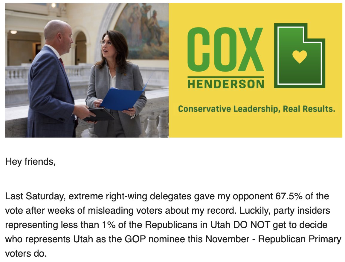 I’m a state delegate who attended convention and voted for Phil Lyman for Utah’s next governor. This is how @GovCox feels about me and the 67.5% of delegates that voted for @phil_lyman. #disagreebetter unless you go against his crown, then you are an extremist. 😡