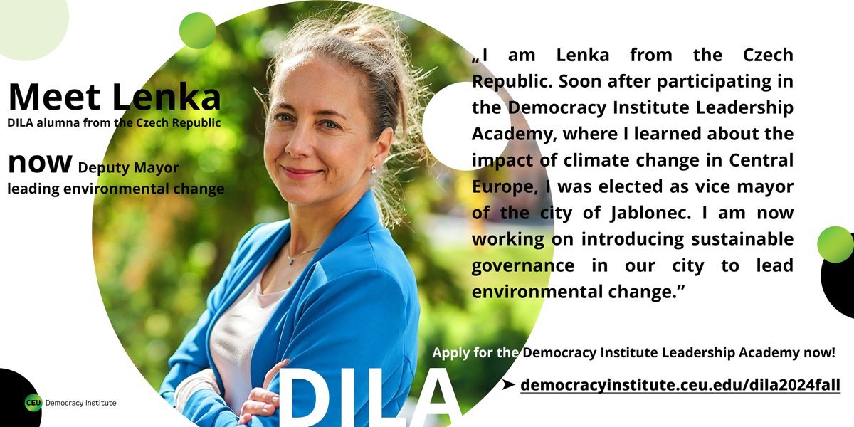 ✨ Soon after graduating from our unique leadership training program, Lenka was elected as vice mayor in Jablonec, Czechia. 💡 Follow her footsteps, and apply now! 👉 democracyinstitute.ceu.edu/dila2024fall