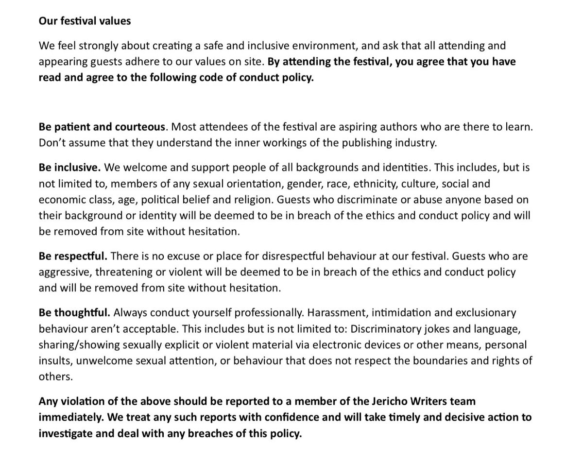 Very excited for my workshop on #Genre at @JerichoWriters Festival in June.
Also extremely pleased to see this info about #FestivalValues. I’ve only ever had a lovely time at these events, but it’s great to be explicit about the cr*p that won’t be tolerated to protect everyone 👍