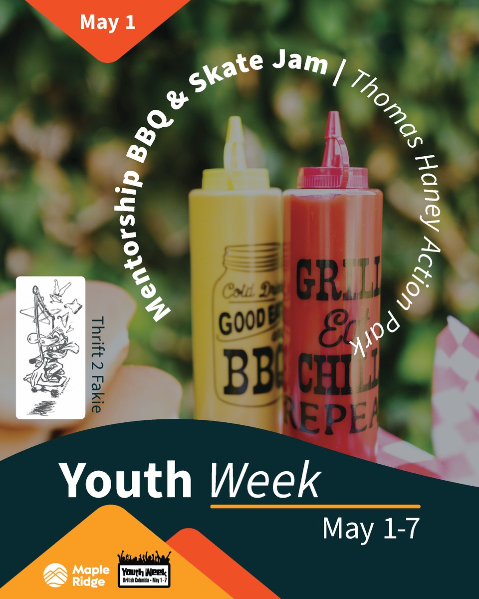 🎉#MapleRidge #YouthWeek is here! May 1-7, join the fun like a skateboard comp, BBQ, Mexican Fiesta, basketball tourney, free fitness/swimming, Fireball Tournament, & the epic Youth Talent Show on May 6! Release: tinyurl.com/mr9kkbs9. Othr info: mapleridge.ca/youth