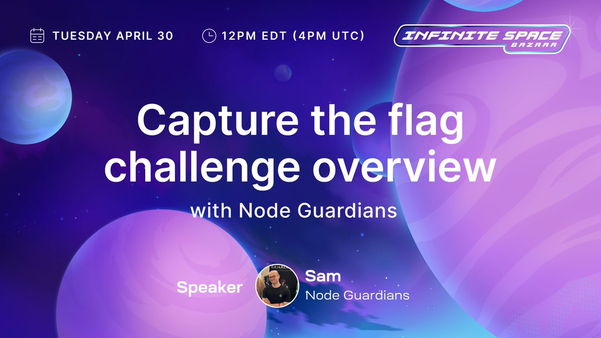 Compete and support your house in bonus challenges for the Infinite Space Bazaar hackathon. Join @samnode_ for an overview of capture the flag challenges with @nodeguardians. Tune in today, 12pm EDT (4pm UTC) for the livestream. ⏰ youtu.be/B_UXd_y0AqA