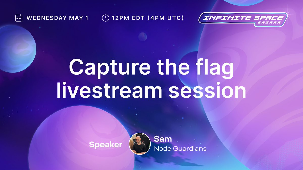 Capture the flag challenge session. Join @samnode_ for a walkthrough of the first capture the flag challenge with @nodeguardians. Tune in today, 12pm EDT (4pm UTC) for the livestream. ⏰ youtu.be/t_7MIB5QGb4