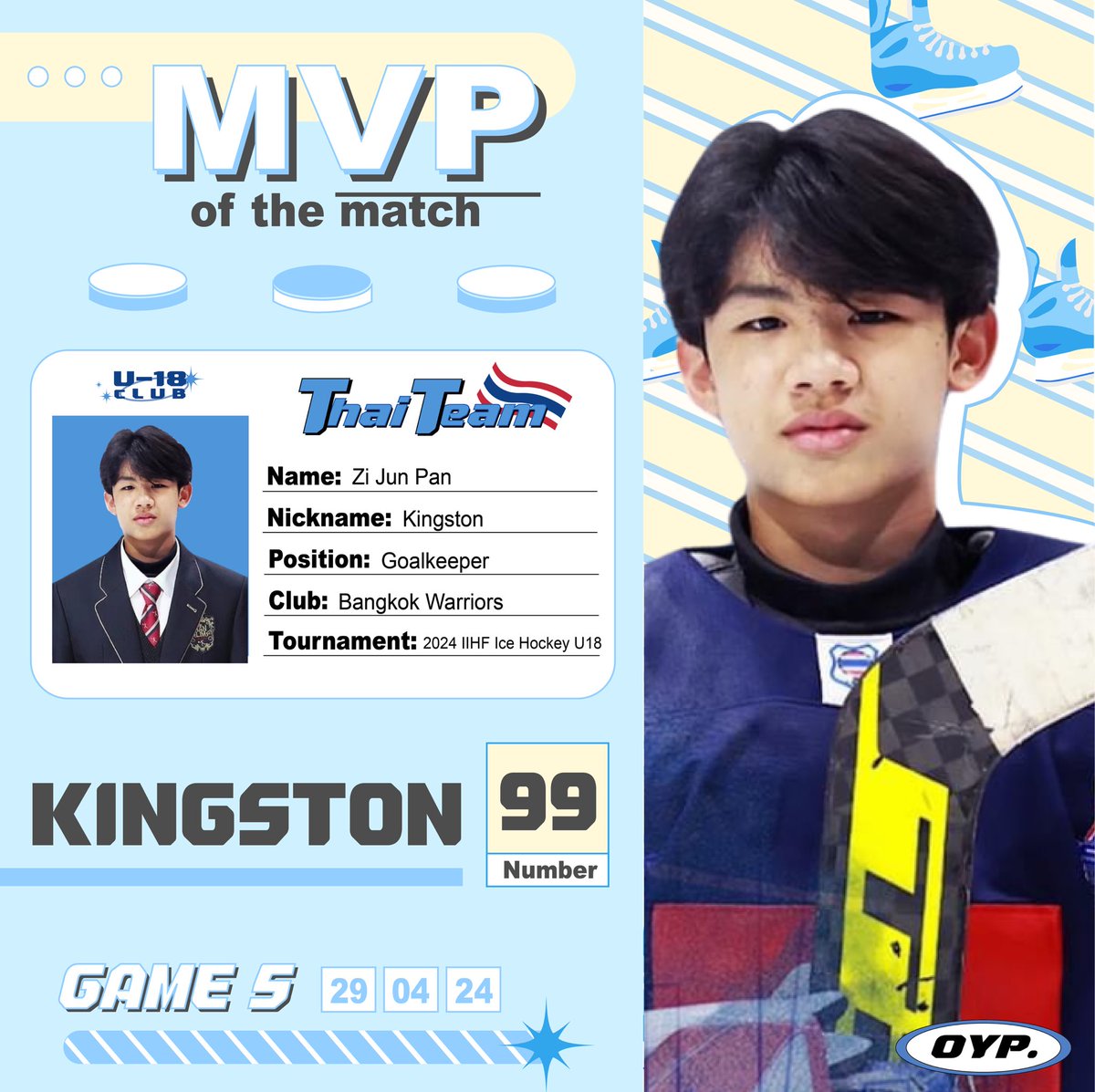 OYP would love to congratulate #KINGSTON99 ‘Kingston - Zi Jun Pan’ for being the MVP of GAME5 (Play-Off round) ✱⊹ ｡ ﾟ