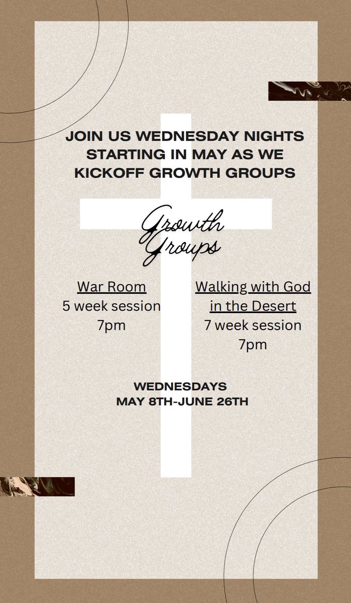 Join us Wednesday nights starting in May to kick off growth groups! 

Wednesday nights at 7pm May 8th-June26th. 

We live to know Christ and make Christ known!