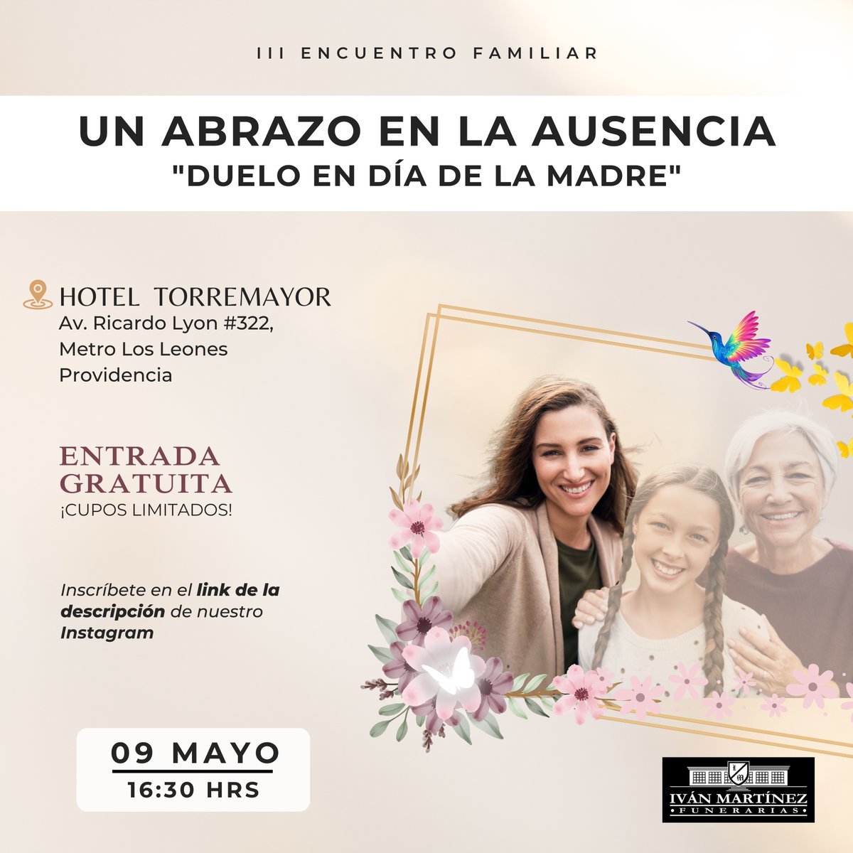 funerariaivanm's tweet photo. Honrando a Mamá: Una charla con psicólogos expertos en duelo. Este evento esta dirigido especialmente para quienes han perdido a su ser querido.

Hotel Torremayor Av. Ricardo Lyon 322, Metro los leones.🕟 16:30 hrs. 

¡ENTRADA LIBERADA!

Inscríbete Aquí: https://t.co/yJz2u7V4nk https://t.co/AhiKvrw2Qg