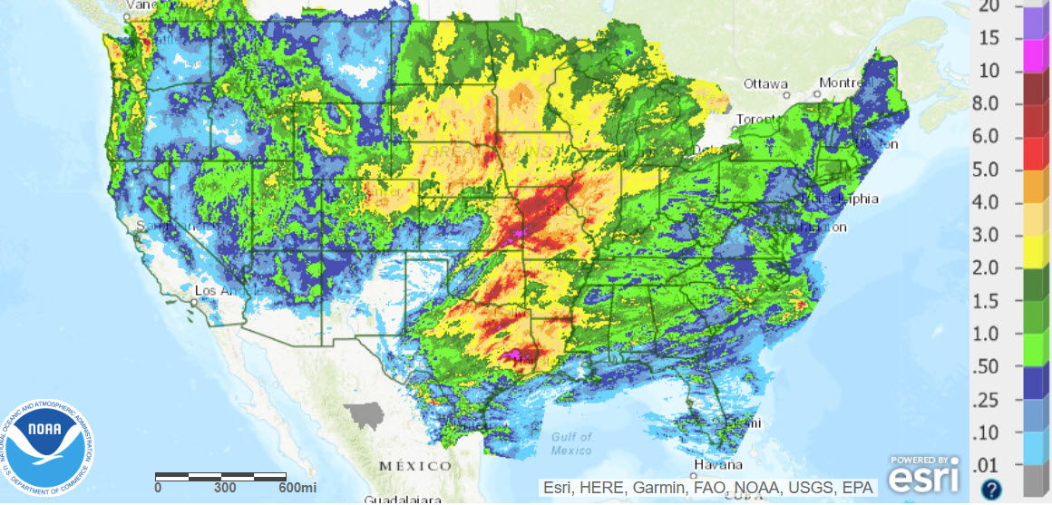 Coverage of precip forthe last 14 days in the U.S.  Corn Belt has lots of yellow (2+ inches) and some red (5+ inches)