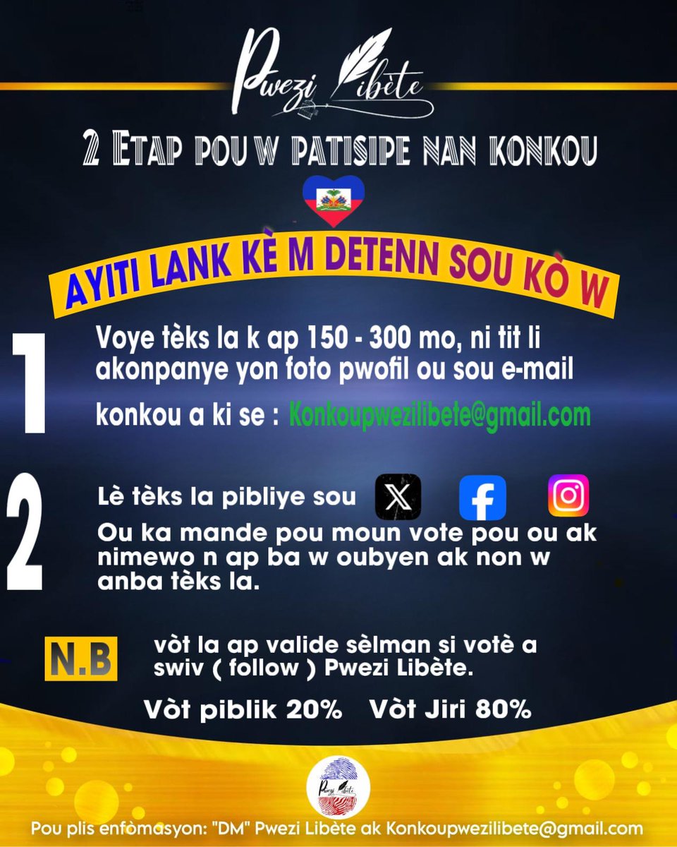 Sa se de etap byen senp ou ka itilize kounya, pou w patisipe nan konkou powèm, Pwezi Libète ap òganize a sou tèm : 'Ayiti lank kè m detenn sou kò w'.
Li afich sa avèk anpil atansyon pou w ka byen konprann de etap sa yo.
Apre sa lè nou kòmanse pibliye tèks patisipan yo, Pwezi…