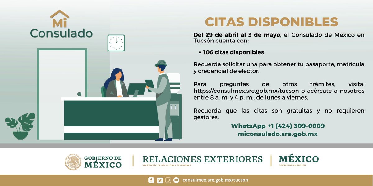 ¿Ya tienes tu cita para tramitar tu pasaporte, matrícula y credencial #INE?  🪪

Te compartimos los espacios disponibles en tu @ConsulMexTuc. 🏢🏜️

Haz tu cita, sin costo, con el #Whatsapp de #MiConsulado 🇲🇽📲 en el + 1 (424) 309-0009.