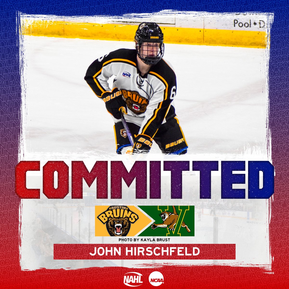 #NAHL Commitment Alert: @theaustinbruins forward John Hirschfeld has committed to play NCAA Division I @collegehockey for @UVMmhockey in @hockey_east 📰: nahl.com/news/story.cfm…