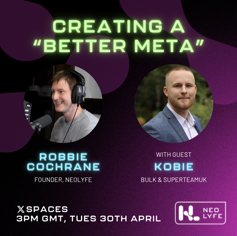 Don't forget to tune into this afternoon's Space with @robbehcochrane and @kdotcrypto from @SuperteamUK, @BEExperience_ and the forthcoming BULK! Discussing all things #metaverse, #Web3, #blockchain, #memecoins and more. We're live at 3pm UK/2pmUTC: twitter.com/i/spaces/1DXGy…