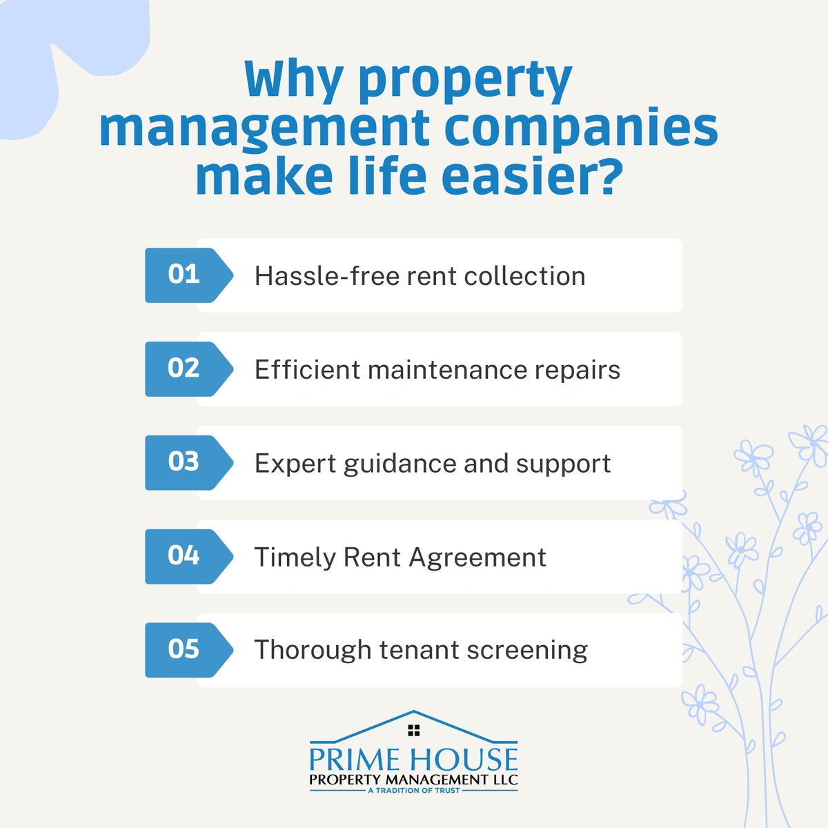 Why property management companies make our life easier are listed above.
----
🌐 primehouseproperties.com
.
#PropertyManagement #RealEstateManagement #PropertyPortfolio #RentalManagement #LandlordServices #EfficientPropertyCare #TenantRelations