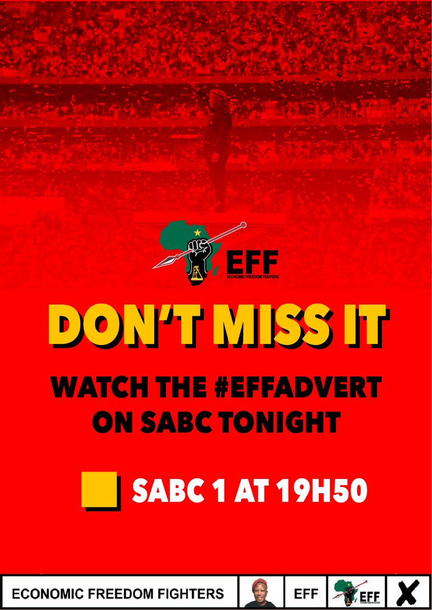 [TONIGHT]: Watch the #EFFAdvert tonight on SABC 1. The message is simple #VukaVelaVota OUR LAND AND JOBS NOW! STOP LOAD SHEDDING NOW! #VoteEFF