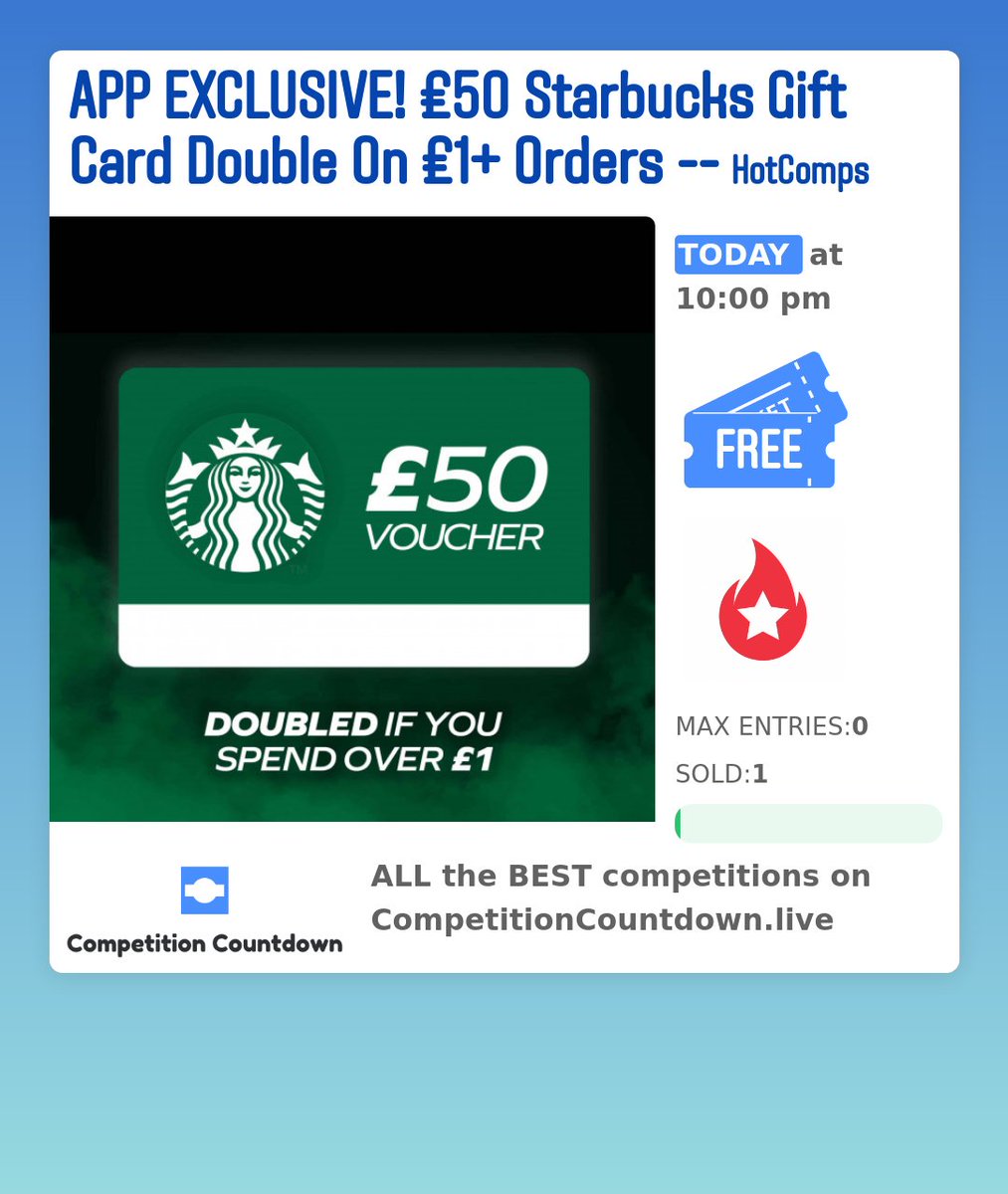 Check out this competition on competitioncountdown.live ! 
APP EXCLUSIVE! £50 Starbucks Gift Card Double On £1+ Orders
 Competition Countdown does not run any competitions, we just show you all the best one is one place! 🔥🔥 WOW 👀 
 
 #vouchers #giftcard #cash #winmoney #...