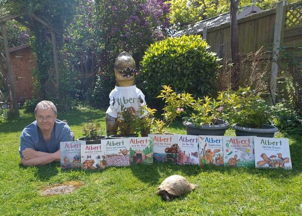 After long #negotiations mainly over #dandelions in his #winnebago real #ALBERTthetortoise did #newbook posing. With ALL ALBERT #books he's inspired so far. Including NEW #picturebook ALBERT AND THE FLOOD making 7 #picturebooks, #BoardBook & #ActivityBook AlbertTortoise.com
