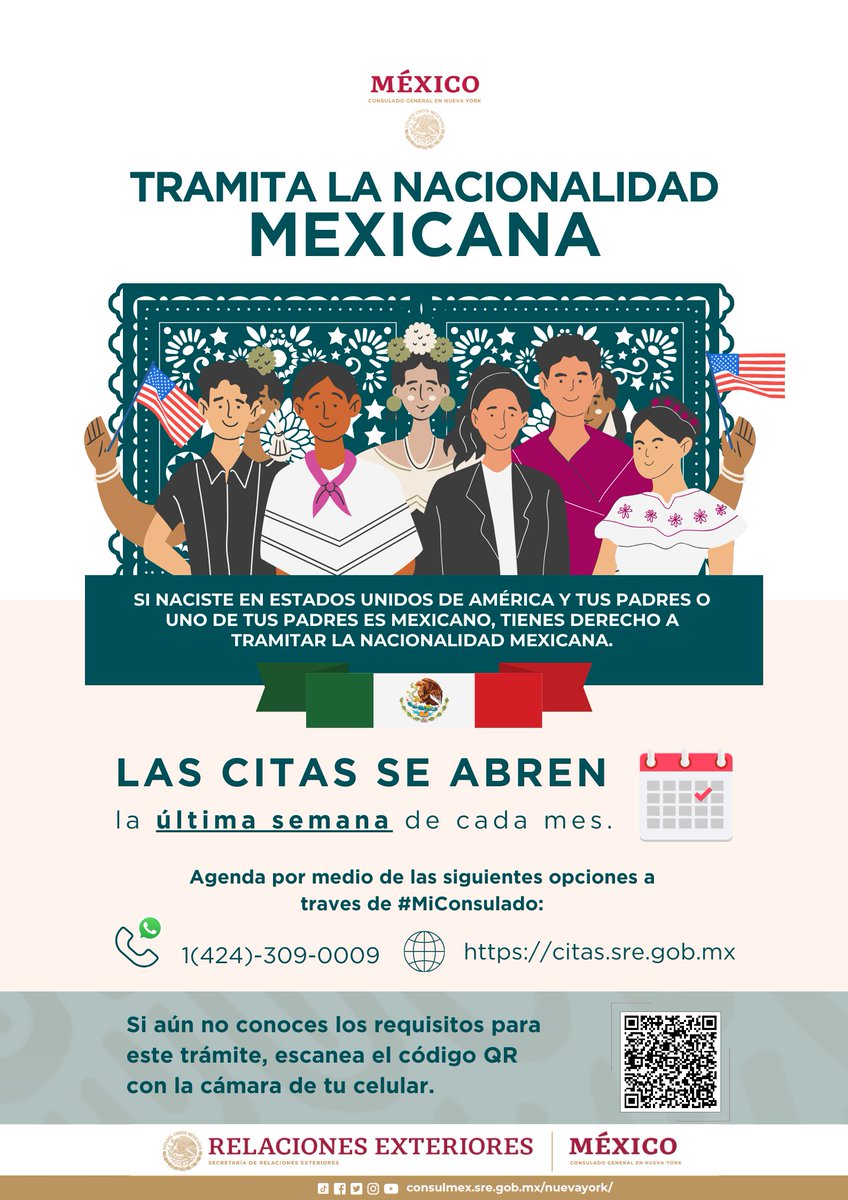 🔔 Atención 👨‍👩‍👧‍👦

Si naciste en EE. UU. con al menos un padre mexicano, ¡tienes derecho a la nacionalidad mexicana! 🇲🇽✨ 

📅 Programa tu cita en la última semana de cada mes a través de #MiConsulado en:
citas.sre.gob.mx) o llama al 1(424)-309-0009