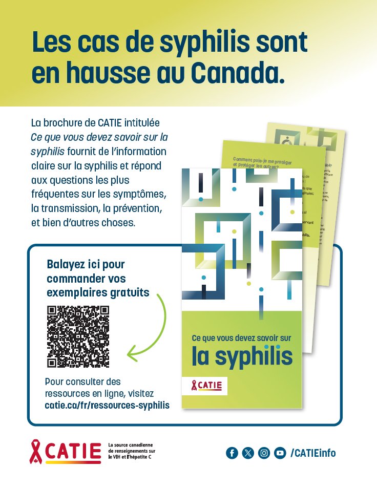 Les cas de syphilis sont en hausse au Canada. La syphilis est guérissable et il existe des moyens de réduire le risque de contracter et de transmettre cette infection. Pour consulter des ressources en ligne, visitez catie.ca/fr/ressources-…