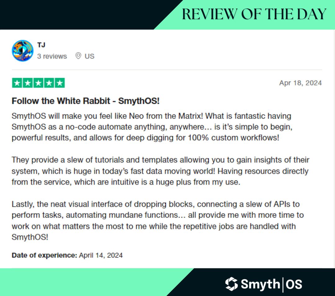 SmythOS review of the day!
Thank you TJ.
Source: @Trustpilot

#Review #AIAutomation #SmythOS #APIs #EmergingTechnology #Nocode #AI