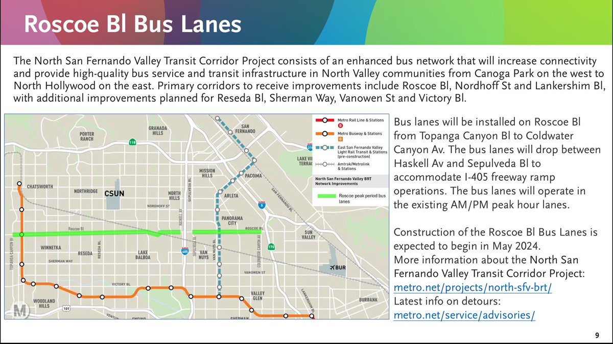 LA Metro says peak-hour bus lanes for Roscoe Blvd expected to start construction in May 2024. Bus lanes were originally targeted for implementation in Summer/Fall 2023 and are part of the North San Fernando Valley Transit Corridor Project (cancelled BRT). media.metro.net/board/Items/20…