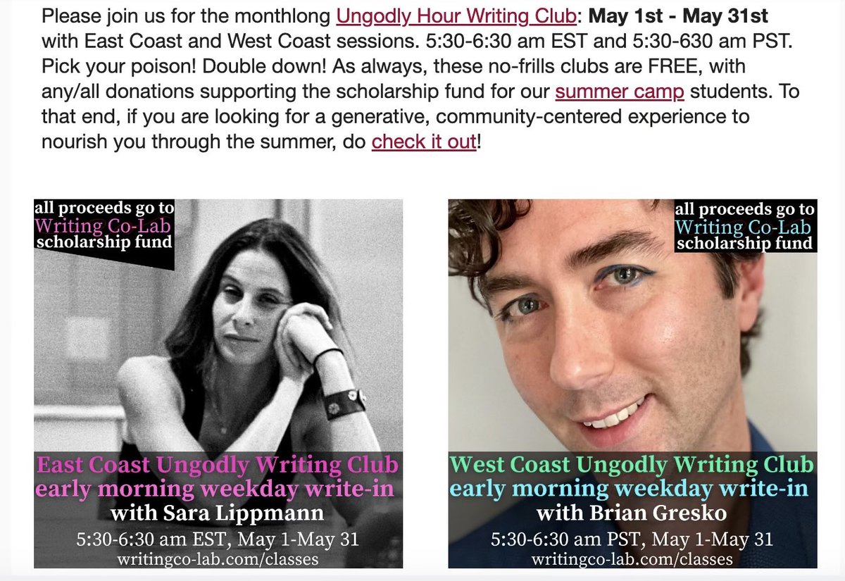 For the month of May @briangresko & I are hosting bare bones write-in zooms @thewritingcolab: east coast, west coast, all time zones welcome. Show up for yourself, show up for each other, make something you care about. writingco-lab.com/classes