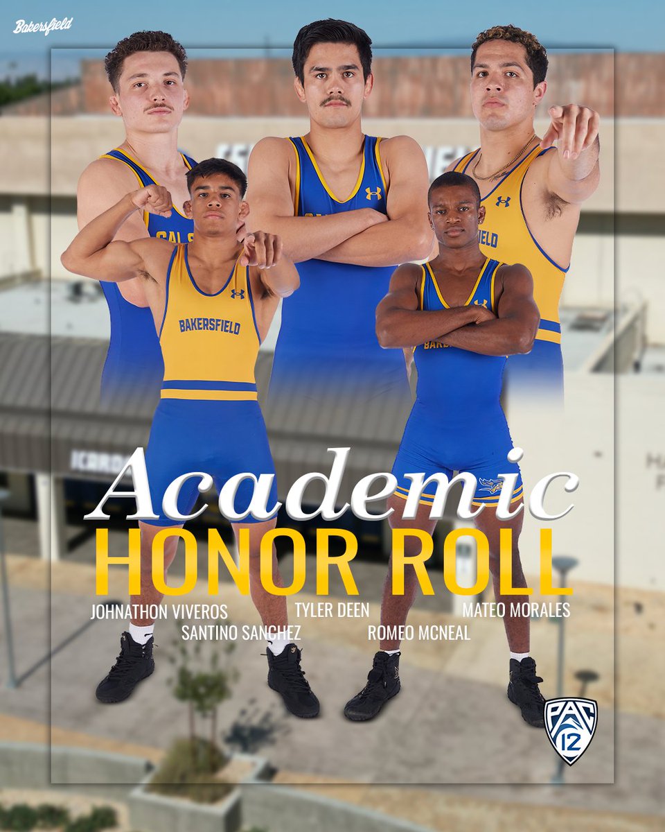 CSUBWrestling's tweet photo. Congratulations to the 5⃣ `Runners who earned Pac-12 Academic Honor Roll status: Tyler Deen, Romeo McNeal, Mateo Morales, Santino Sanchez, and Johnathon Viveros! Read more: https://t.co/6RFtftaOOe
#RunnersOnTheRise https://t.co/8mP5U5S4mz
