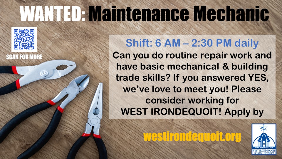 🔧APPLY BY FRIDAY! We have an opening for a Maintenance Mechanic. Interested? We hope so, but if not & you know someone who is, we'd appreciate you sharing this post. Apply: bit.ly/Jobs_WI There are many great benefits to working for a school district! Apply by Friday.