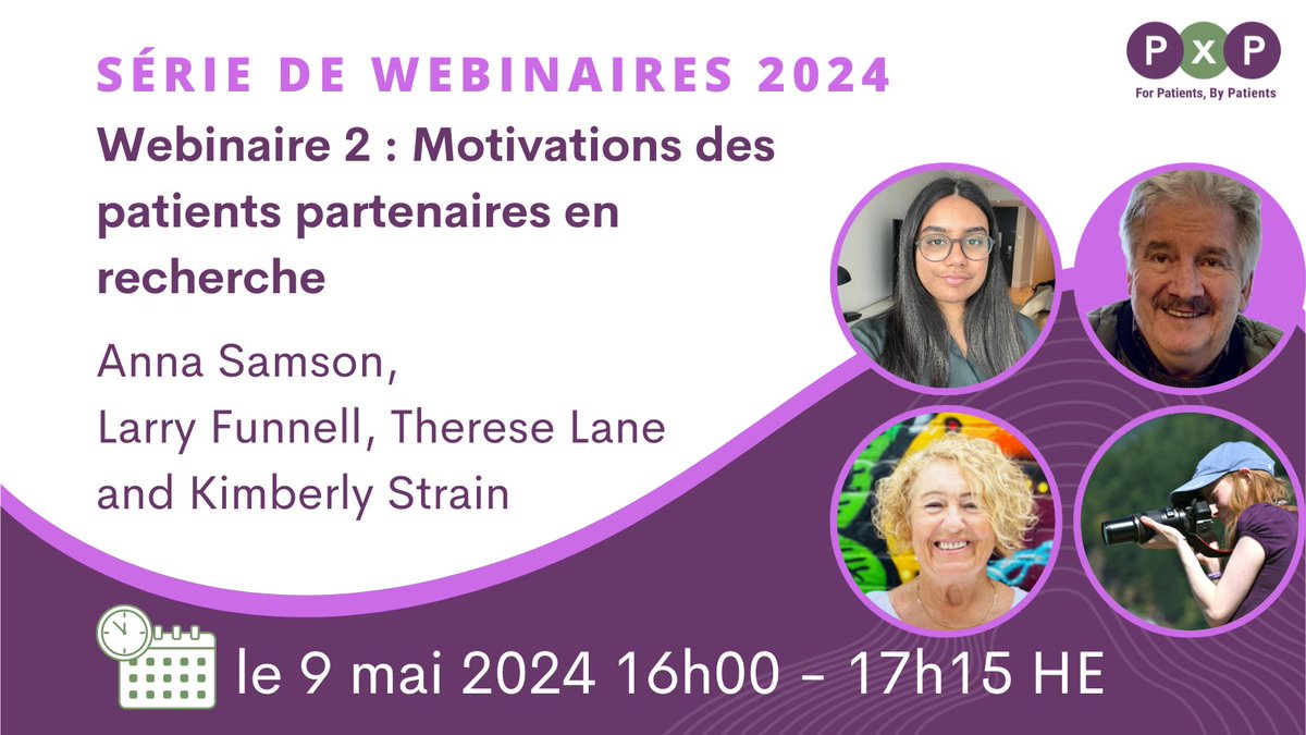 📢Motivations des patients partenaires en recherche ⏰9 mai 2024 👉pxphub.org/fr/event/webin… Il s’agira d’une occasion sans précédent pour les équipes de recherche d’aborder le processus sous un nouvel angle et d’améliorer leur approche de recherche axée sur le patient.