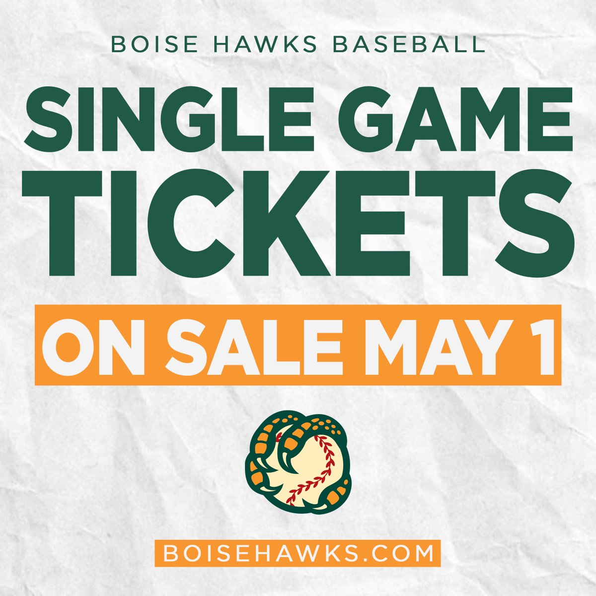 Single Game Tickets will be on sale THIS WEDNESDAY, May 1, starting at 10AM! You can purchase tickets at BoiseHawks.com or visit the Memorial Stadium Box Office at 10AM to 4PM. 22 days until Opening Day!