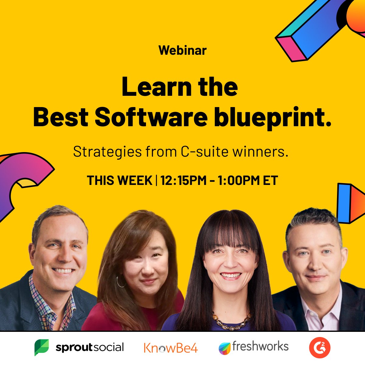 🔔Coming up: Join us this Thursday as we chat with C-suite leaders from @SproutSocial, @KnowBe4, & @FreshworksInc at our Best Software Winners Tell All Webinar! Snag your spot & get ready to learn about turning the voice of your customers into GTM gold🏅: sell.g2.com/resources/webi…