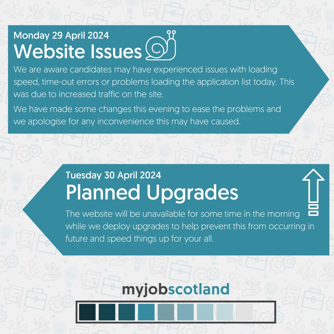 We're really sorry if you have had issues with myjobscotland today, we have made some changes this evening and will take the website offline for a short time tomorrow to deploy some upgrades to prevent issues in the future. We apologise for the inconvenience.