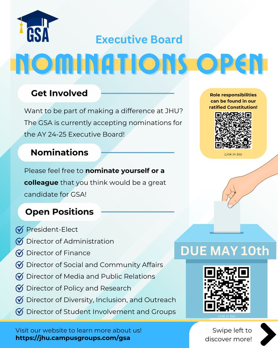 jhmi_gsa's tweet image. Nominations for the AY 24-25 GSA Executive Board are now OPEN! 🗳️
We encourage you to put forward either yourself or a fellow student whom you believe would be a valuable addition to the leadership team! Nominations close May 10th!
You are welcome to submit multiple nominations