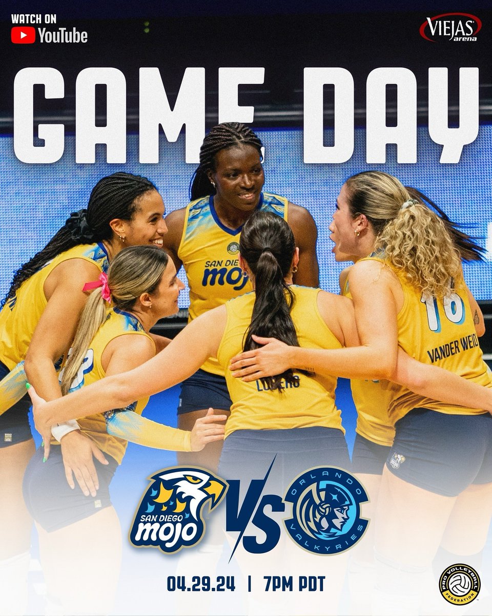 It’s a Monday Mojo Match Day!

Arrive EARLY as the first 1,000 fans will receive a FREE Mojo Bucket Hat! 💛

🆚: @orlvalkyries 
⏱️: 7 PM PDT
🏠: @viejasarena
📺: youtube.com/@realprovb
🎟️: ProVolleyball.com/MojoTix 

#SanDiegoMojo #WeAreMojo #MojoNation #LFGSD #REALProVolleyball