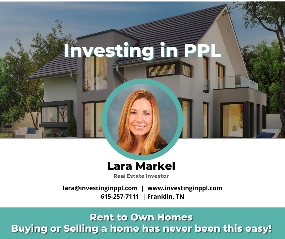 Investing in PPL is owned by Lara Markel, a real estate investing company in TN. With years of experience, we specialize in lease purchase and owner financing. We also offer rent-to-own properties. 
📞(615)-257-7111
💻linktr.ee/investinginppl…
#RealEstateInvestor #RealEstate #Home