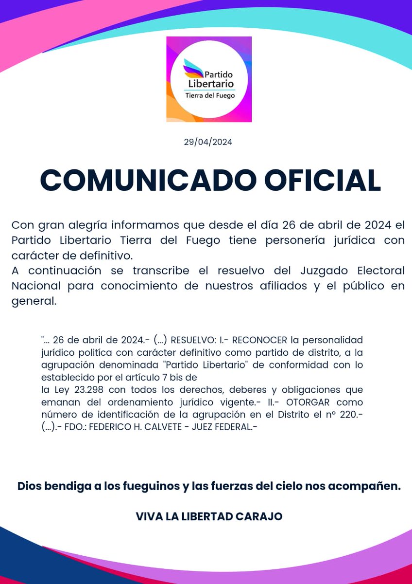 Comunicado Oficial: Reconocimiento Definitivo del Partido Libertario como Partido Político en el Distrito Tierra del Fuego, Antártida e Islas del Atlántico Sur