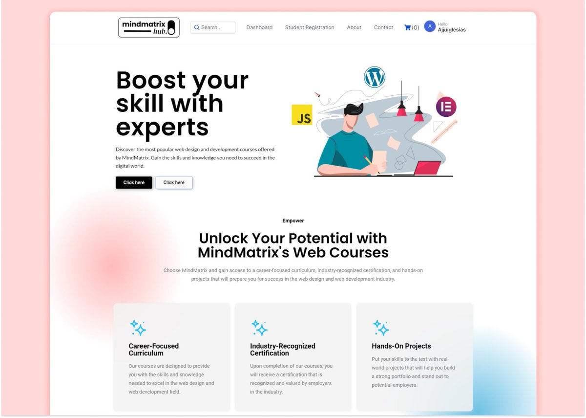 Introducing MindMatrix 📚 An online course LMS website powered by Elementor Pro on WordPress, showcasing my skills in web development and e-learning solutions.  #WordPressDevelopment  #LMS #ElementorPro #WordPress
