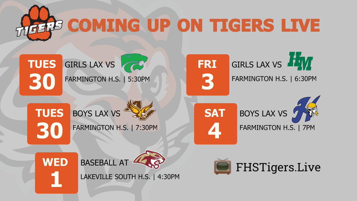 The Tigers are on the prowl!!! Both Varsity lacrosse squads settle in for a pair of contests in the home den this week on FHS-Tigers Live: @FHSTigersLax 🐯 🗓️ ⬇️